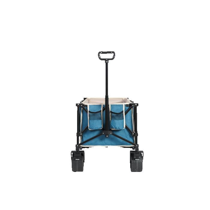 Chariot télescopique pliable, équipé de grands pneus tout-terrain adaptés aux plages de sable et d'un porte-boissons. Bleu.
