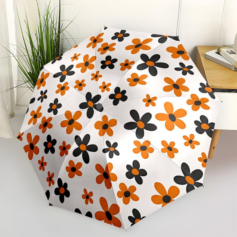 1pc Orange Black Flower Pattern Automatic Umbrella - Stylish, Durable, with 8-Rib Manual Open Design, Elegant Black Handleyy250920114