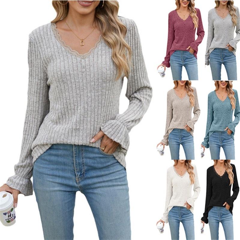 Women's Blouse New Product Solid Color Pit Strip Brushed Casual V-neck Lace Long-sleeved Bottoming Shirt