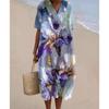 Vestido Longo Feminino com Estampa Floral em Aquarela, Decote V, Manga Curta, Caimento Solto