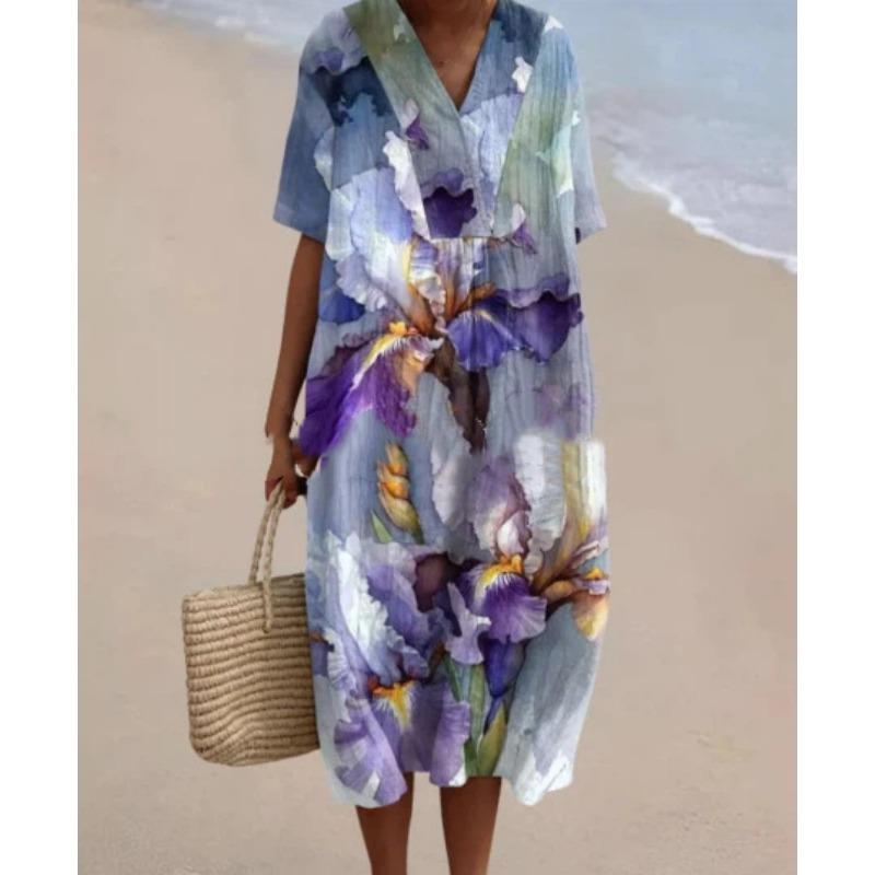 Vestido Longo Feminino com Estampa Floral em Aquarela, Decote V, Manga Curta, Caimento Solto