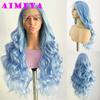 AIMEYA Light Blue Lace Wig Synthetic Long Body Wave Lace Front Wig Mint Green Heat Resistant Hair Lace Daily Use Cosplay Wig