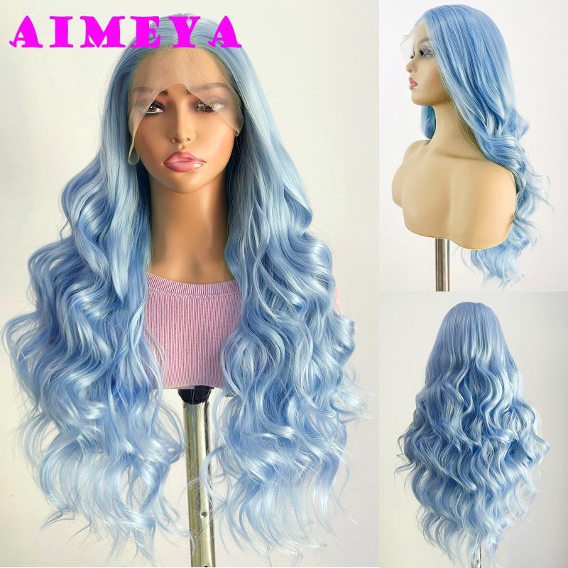 AIMEYA Light Blue Lace Wig Synthetic Long Body Wave Lace Front Wig Mint Green Heat Resistant Hair Lace Daily Use Cosplay Wig
