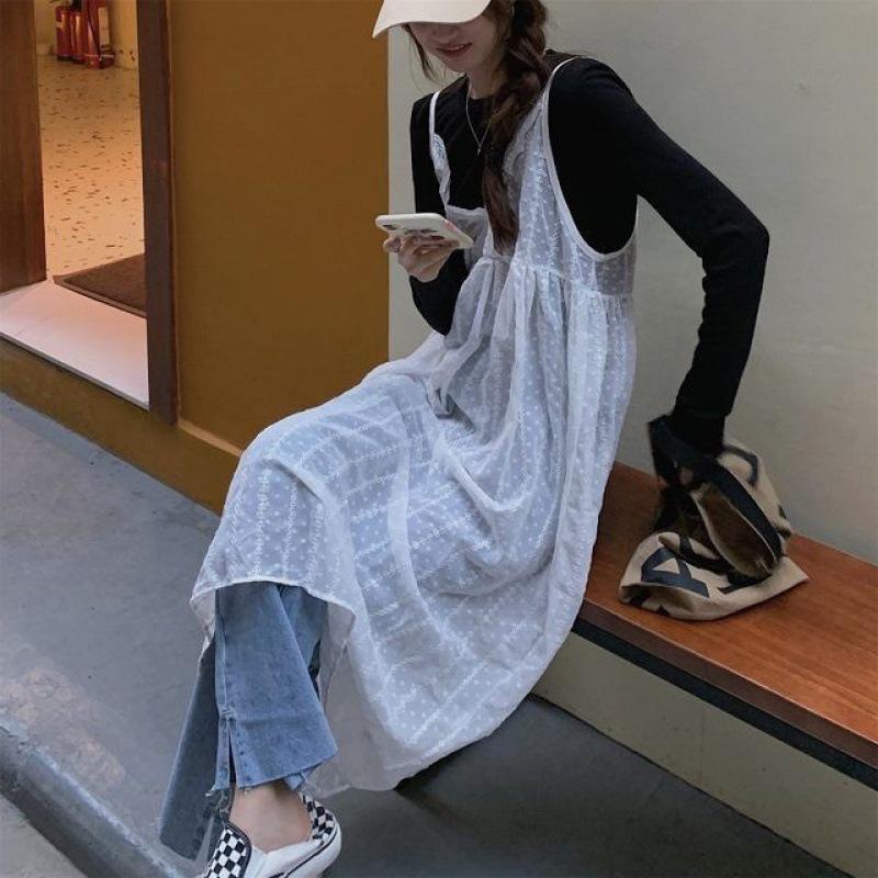 

Women s Lace V-Neck Sling Dress - Summer 2026 Korean Style, Loose Fit, Slimming, Medium Length, White One Size