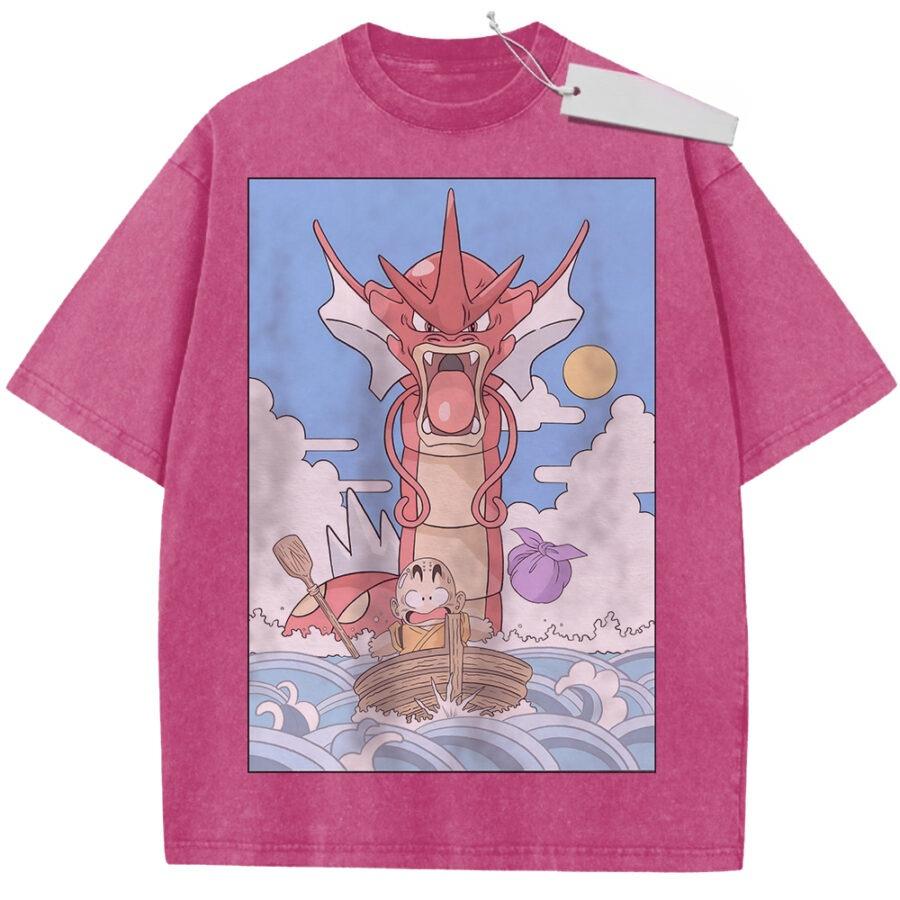 Unisex Beige Washed Vintage T Shirt Dragon Ball Gyojin Kaioh Poseidon Style High Quality Fabric for Casual Shopping