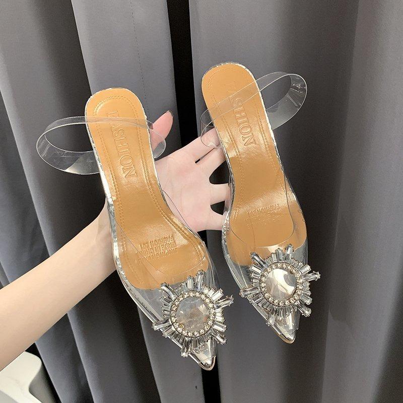 

Summer new transparent sandals women s large size new fashion nail plate pointed women s shoes high heel sandals women 43 серебряный