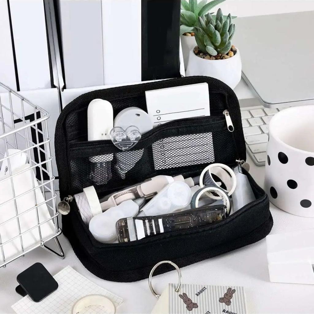 1pc Black Checkerboard Grid Large High Value Storage Pencil Bag Stationery Box