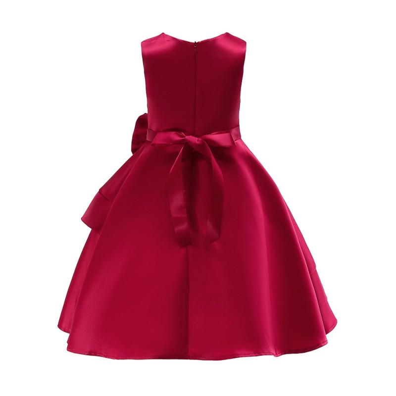 Girls Princess Dress Red Solid Color Sleeveless Mid-Length Party Kids