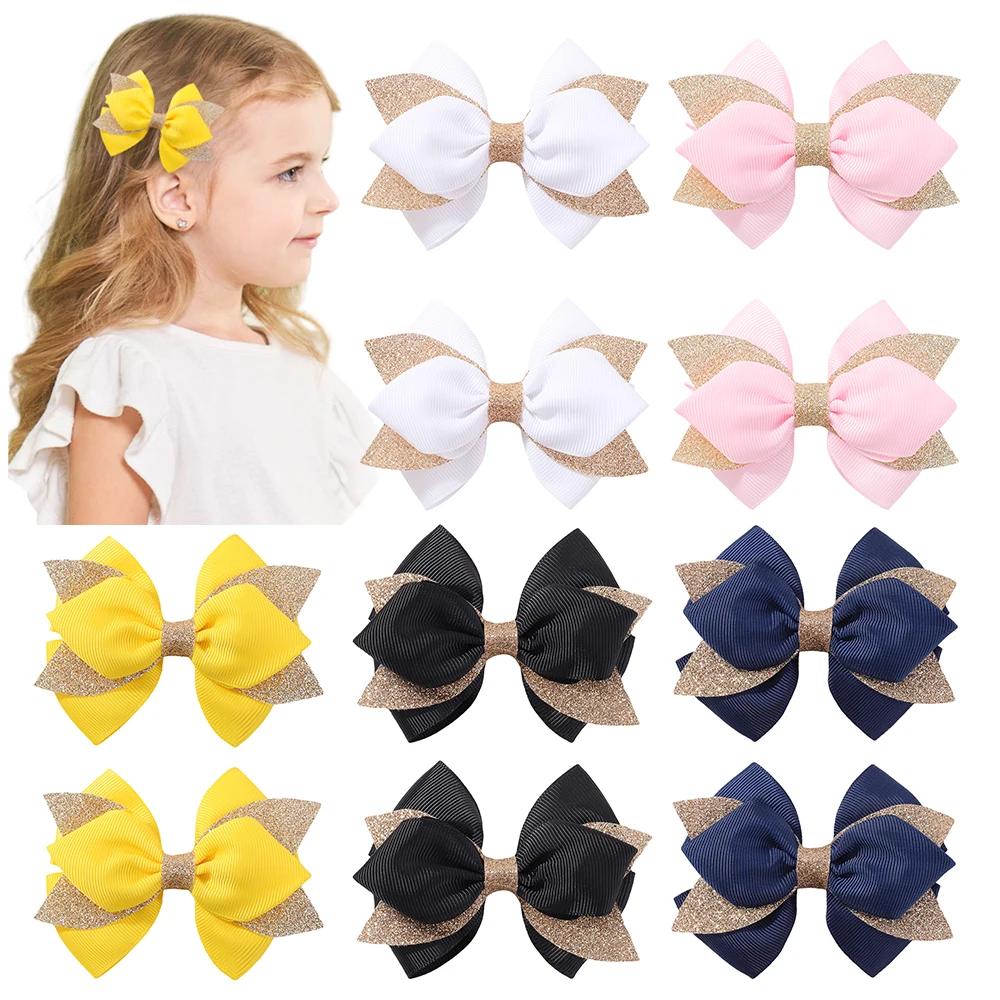 2Pcs Double Layer Glitter Bow Hair Clips for Girls Cute Grosgrain Ribbon Hair Accessories Children's Hairpins Bowknot Headwear