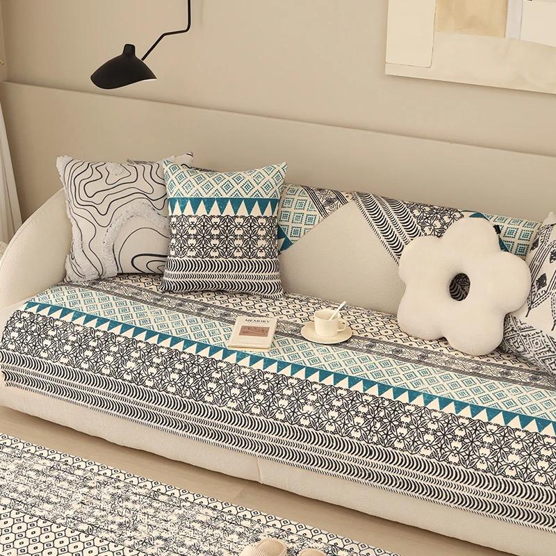 Retro Cotton and Linen Sofa Cushion Bohemian Sofas Cover Backrest Towel Geometric Pattern Anti Slip Wear-resistant Sofa Towel