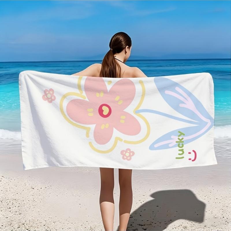 

2D Flat, 1pc, Pink Floral Illustration with Lucky Text and Joyful Face Beach Towel, Soft and Skin-friendly, Non-shedding Easy to W40*H60(CM)