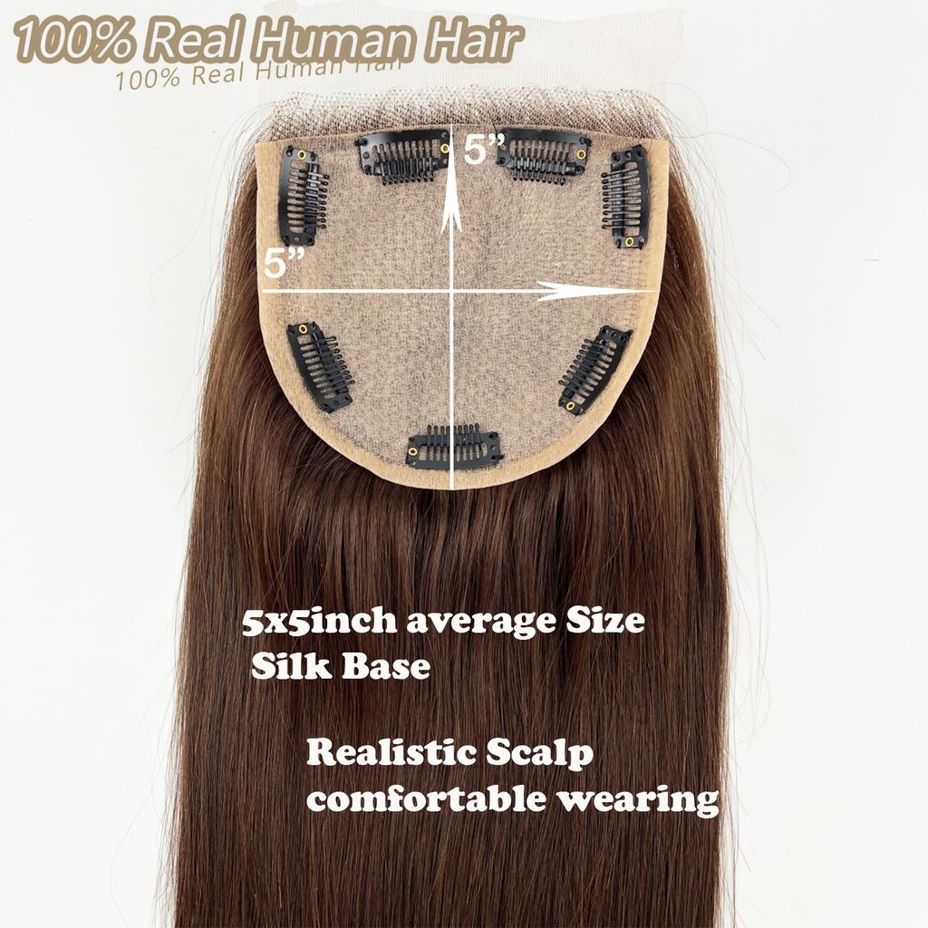 5x5 Inch Silk Top Lace Closure Brown Human Hair Topper With Transparent Lace Front And Natural Hairline For Women