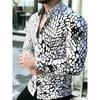 Men's Black and White Cracked Stone Print Long Sleeved Lapel Shirt Abstract Marble Texture Trendy Casual Flower Shirt