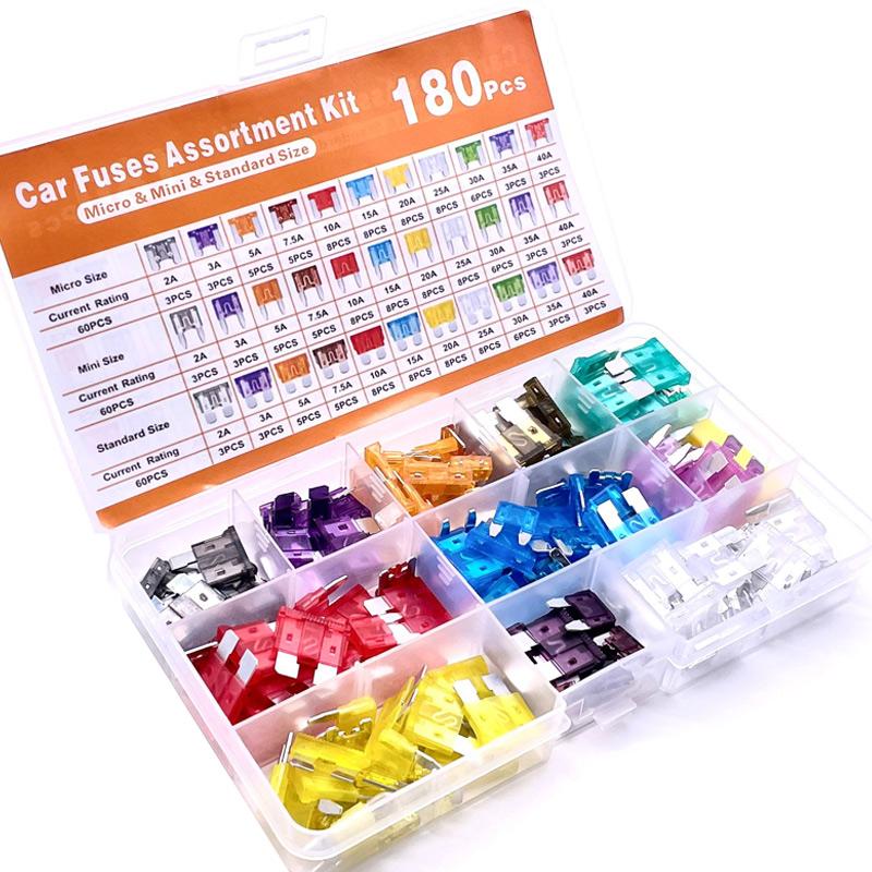 180Pcs Car Fuses Assorted Kit 60 Mini Blade Car Fuse +60 Standard Fuse Automotive +60 Micro Fuse + Fuse Puller Circuit Breaker 6