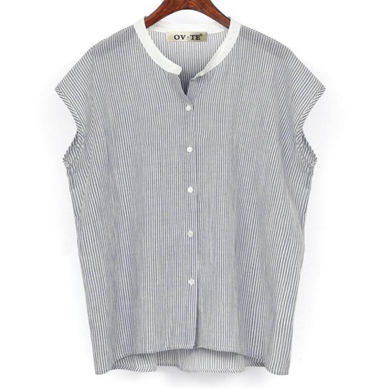 European and American plus Size Women's Clothes Summer Stand Collar Stripes Single-Breasted Loose Chubby Girl Sleeveless Shirt Shirt Tops Tide