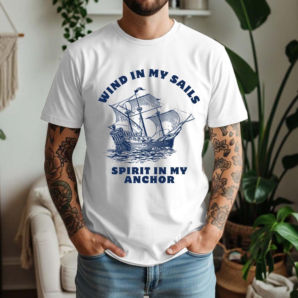 Men s Cotton T Shirt Wind In My Sails Sea Retro Style Casual Daily Comfortable Breathable Short Sleeved S белый