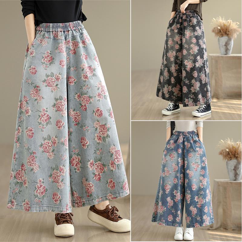 DIMANAF 2025 Plus Size Autumn Jeans New Long Pants Women Loose Denim Trousers Big Size Casual Floral Print