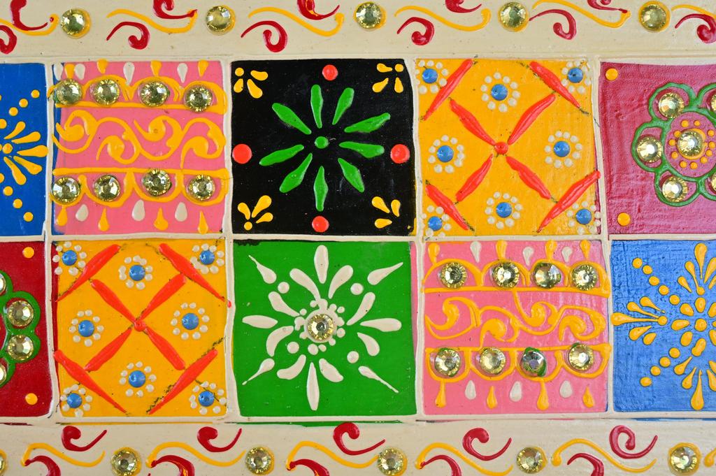 Hand Painted Indian Folk Art Panel with Mirror: Ethnic Wall Decor