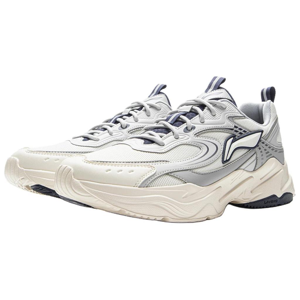Li Ning Sports Life Collection Synthetic Leather, Textile Cushioning Low Top Chunky Sneakers Men's Ivory Gray AGCV433-4//