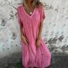 Stil Baumwolle Leinen Lockeres Kleid Damen V-Ausschnitt Kleid Vintage Gerades Strandkleid Weich Atmungsaktiv Lange Kleider