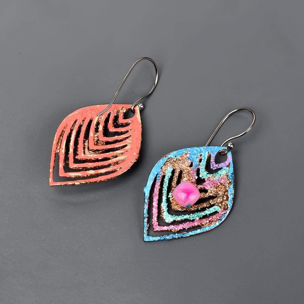 Natural Pink Sapphire Copper Multi Electroformed Art Deco Drop Dangle Earrings V-90