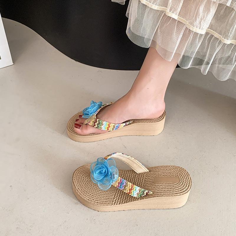 Straw wind beach shoes casual fairy pastoral flowers resort female fashion summer new thick-soled wedges flip-flops