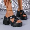Fashion Women High Heel Sandals Fashion Thick Bottom Pu Leather Sandals New Square Toe Platform Sandal for Woman Stylish Anti-Slip Shoes