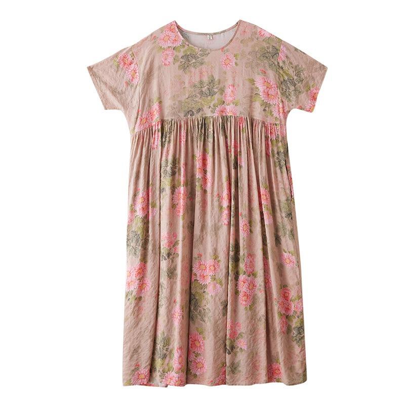 Einfaches böhmisches langes Kleid Sommer neu gefüttert Übergröße Kurzarm Rundhals bedrucktes Kleid Damenbekleidung
