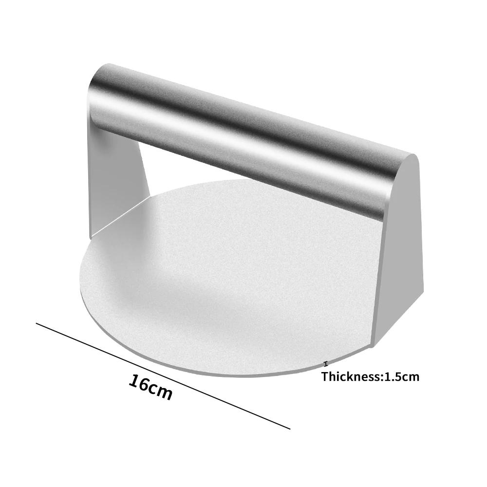 Stainless steel round hamburger press plate with handle, cooked meat steak mashing machine, board burning kitchen artifact