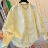 Women's Purple Mandarin Collar Shirt Long Sleeve Casual Loose Fit Button-Down Top with Pocket