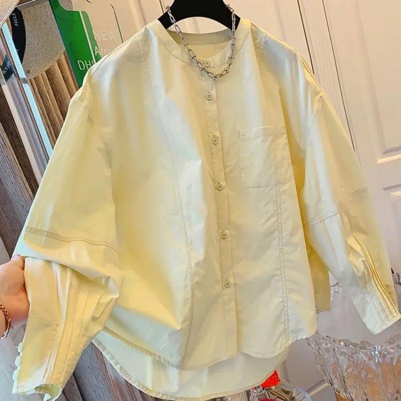 Women's Purple Mandarin Collar Shirt Long Sleeve Casual Loose Fit Button-Down Top with Pocket