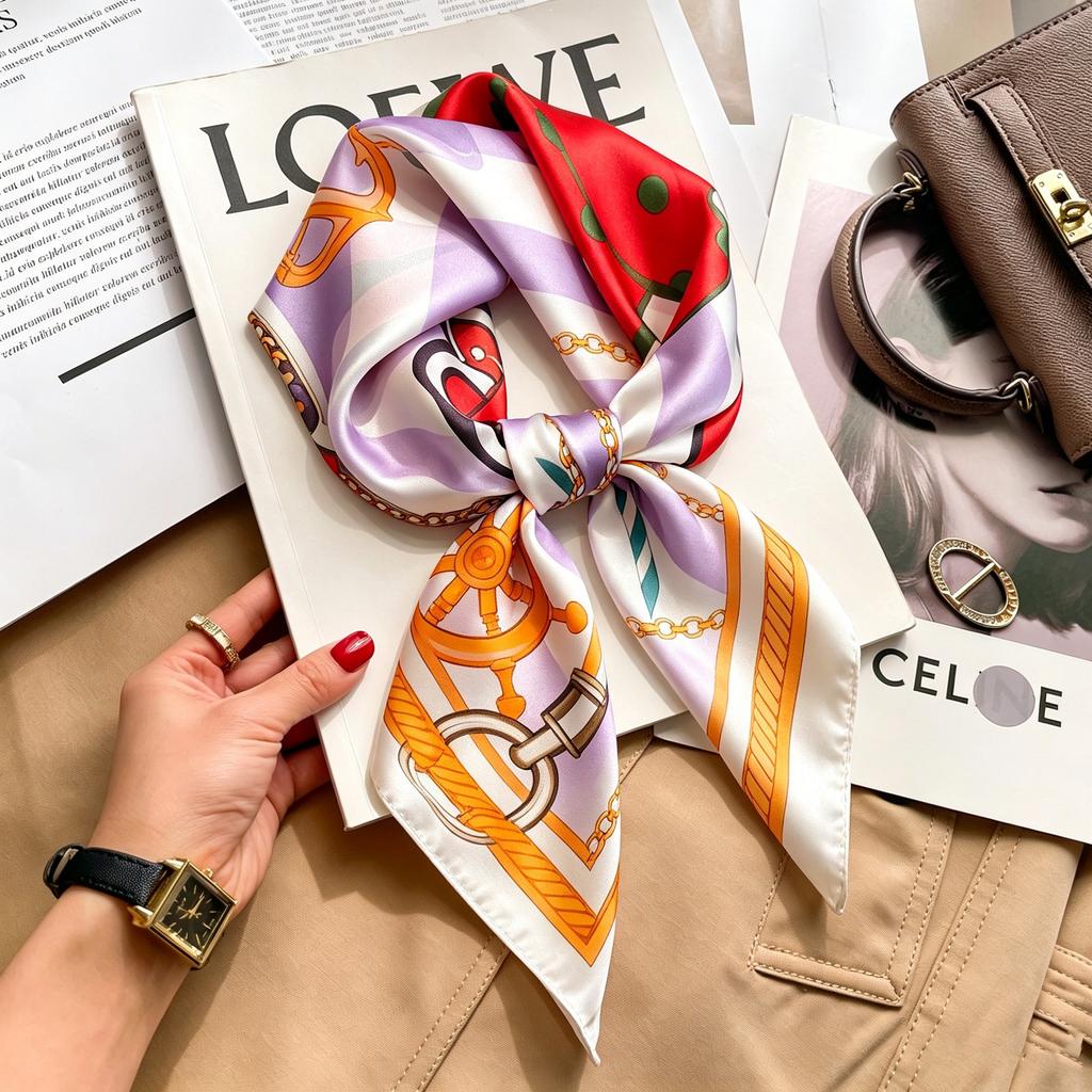 Commuter elegant flower silk scarf women's contrasting color retro printing satin scarf shirt with multi-purpose decorative small scarf