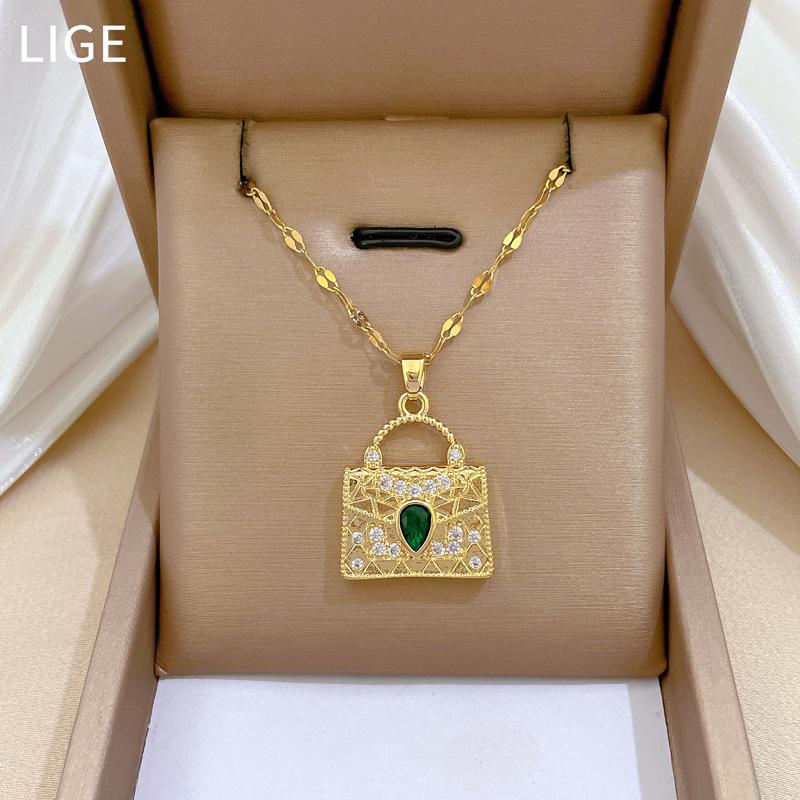 Full Diamond Green Bag Light Luxury Temperament Gorgeous Full Diamond Necklace Women'S Versatile Collarbone Chain Titanium Steel Chain