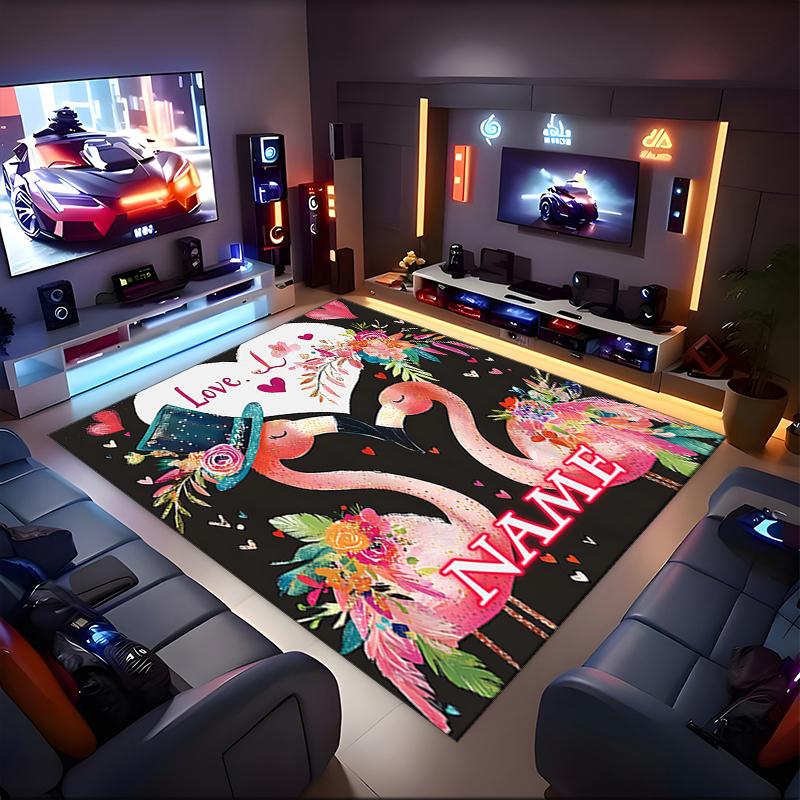 1PC Custom Name Love Flamingos Flowers Theme Floor Mat Ideal for Living Room, Game Rooms, Office, Bedroom,Floor Mat Playful Design