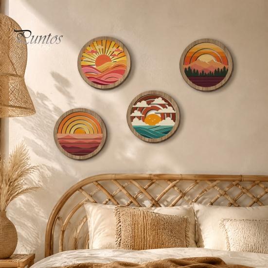 Living Room Wall Aesthetic 4Pcs Boho Sunset Art, Abstract Landscape Round Hanging Ornaments, Interior Design Soft Furnishings Wooden Decor for Bedroom
