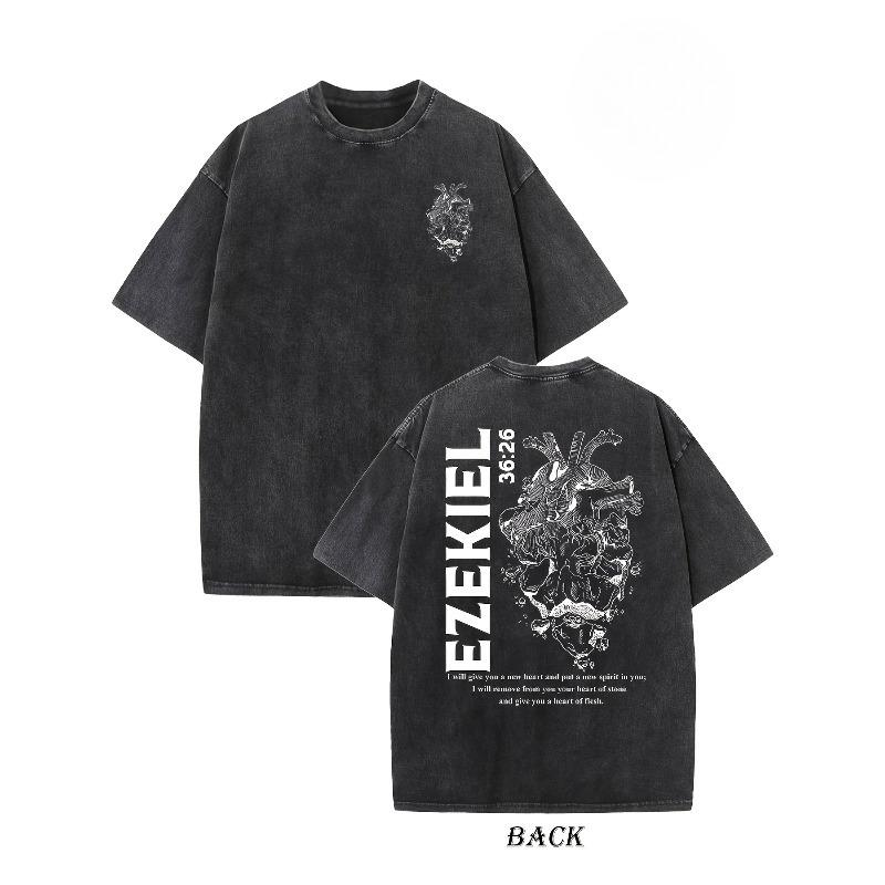 European sizes Vintage Creative Pattern Washed T-shirt  EZEKIEL  Double-sided Printed T-shirt, Washed T-shirt, Men s  Street T-shirt M чёрный