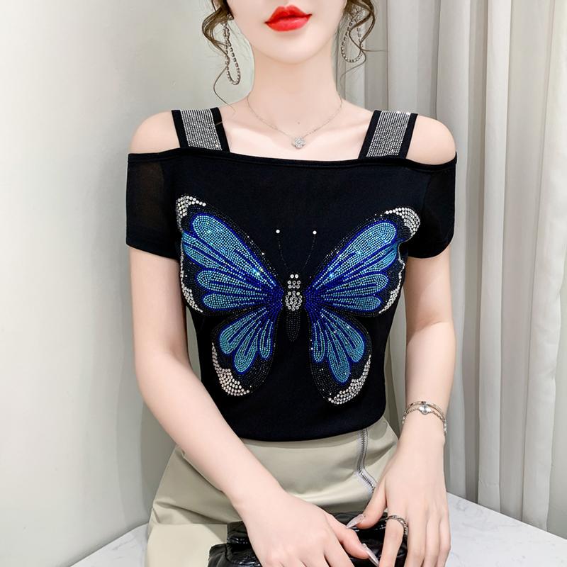 TrendHub Sexy Off Shoulder T Shirt for Women Luxury Flower Diamonds Short Sleeve Tee Summer Fashion Womens Mesh Tee Shirts Top