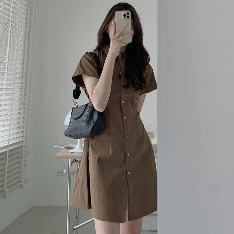 Korean Chic Summer Lapel Dress - Slim, Short-Sleeved, Single-Breasted Style
