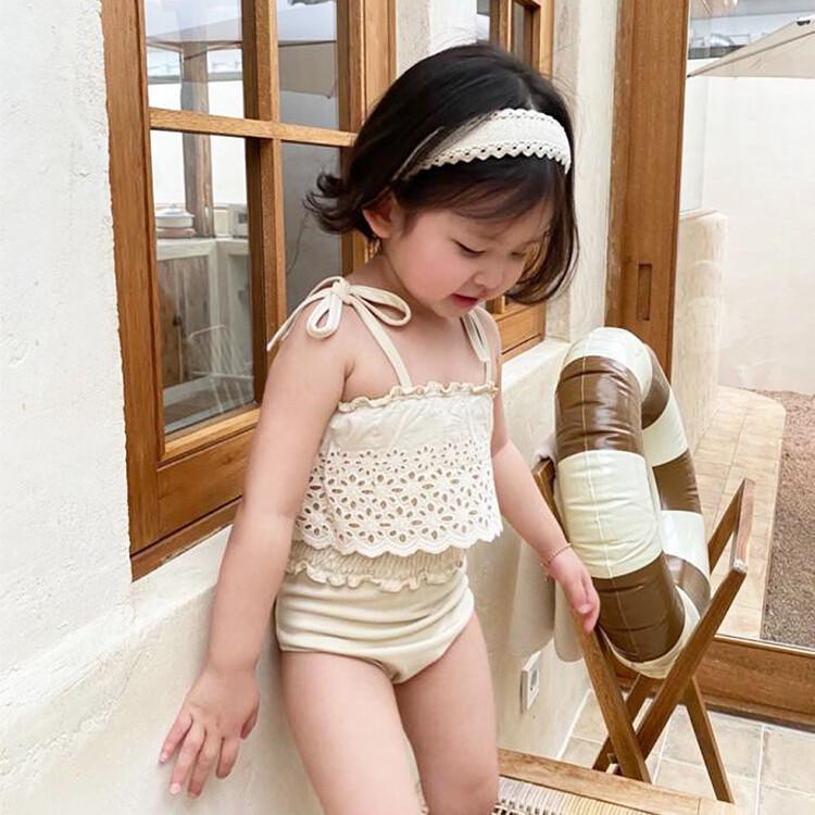 2025 Summer Korean Girls' Lace Trim Cutout Swimsuit