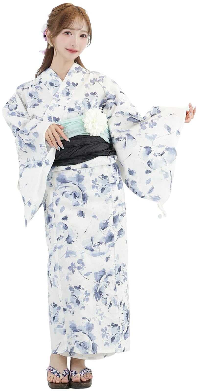 

Yukata 3 Piece Smudged Watercolor Style Soft and Japanese Fluffy Heiko Thong Geta One Size Fits Most [RAVIR] Women s Set, Flowers, Blooming, Clothes,