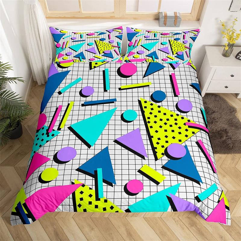 Retro 80s Style Bedding Set Twin King Size Abstract Geometric Pattern Duvet Cover Set Microfiber Circle And Triangle Quilt Cover