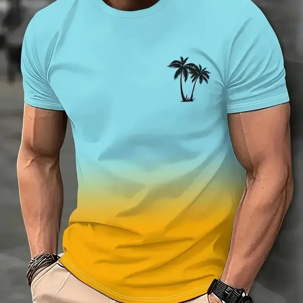 Gradient Coconut Tree Men's T-shirt 3D Printed Summer Beach Hawaiian T-shirt Leisure Sports Breathable Plus Size Men's Clothing