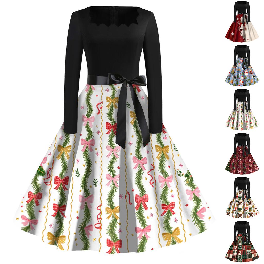 Women's Casual Fashion Christmas Print Square Neck Vintage Dress for Holiday Party