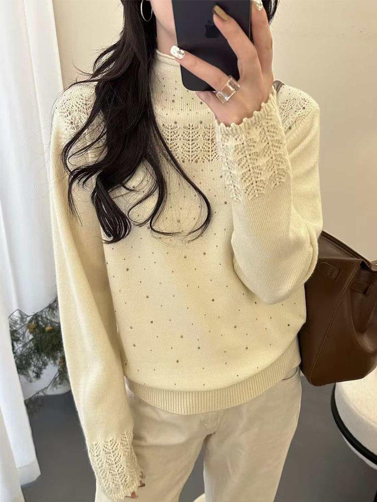 Women's French Rhinestone Half-High Neck Sweater - Stylish Slimming Autumn Winter Knit Top