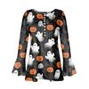 Women's Halloween Print V-Neck Long Sleeve T-Shirt with Sleeves and Pleated Button Front
