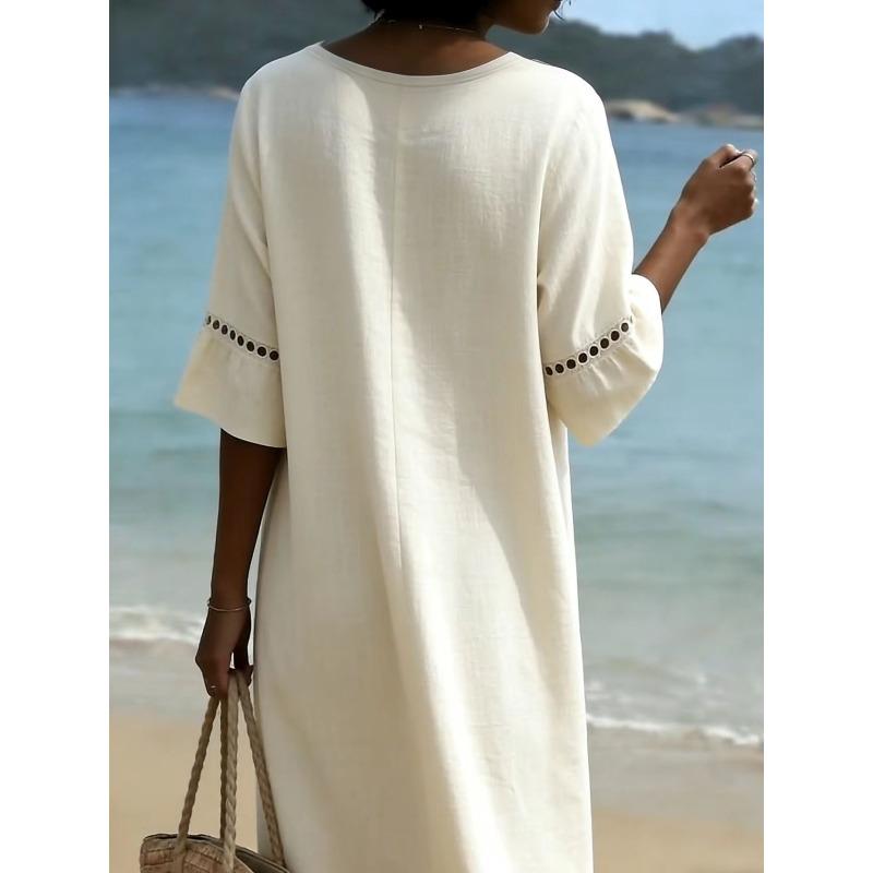 Summer V Neck Half Sleeve Loose Beach Holiday Dress Women Fashion Lace Patchwork Solid Color Party Dresses Women Midi Dress