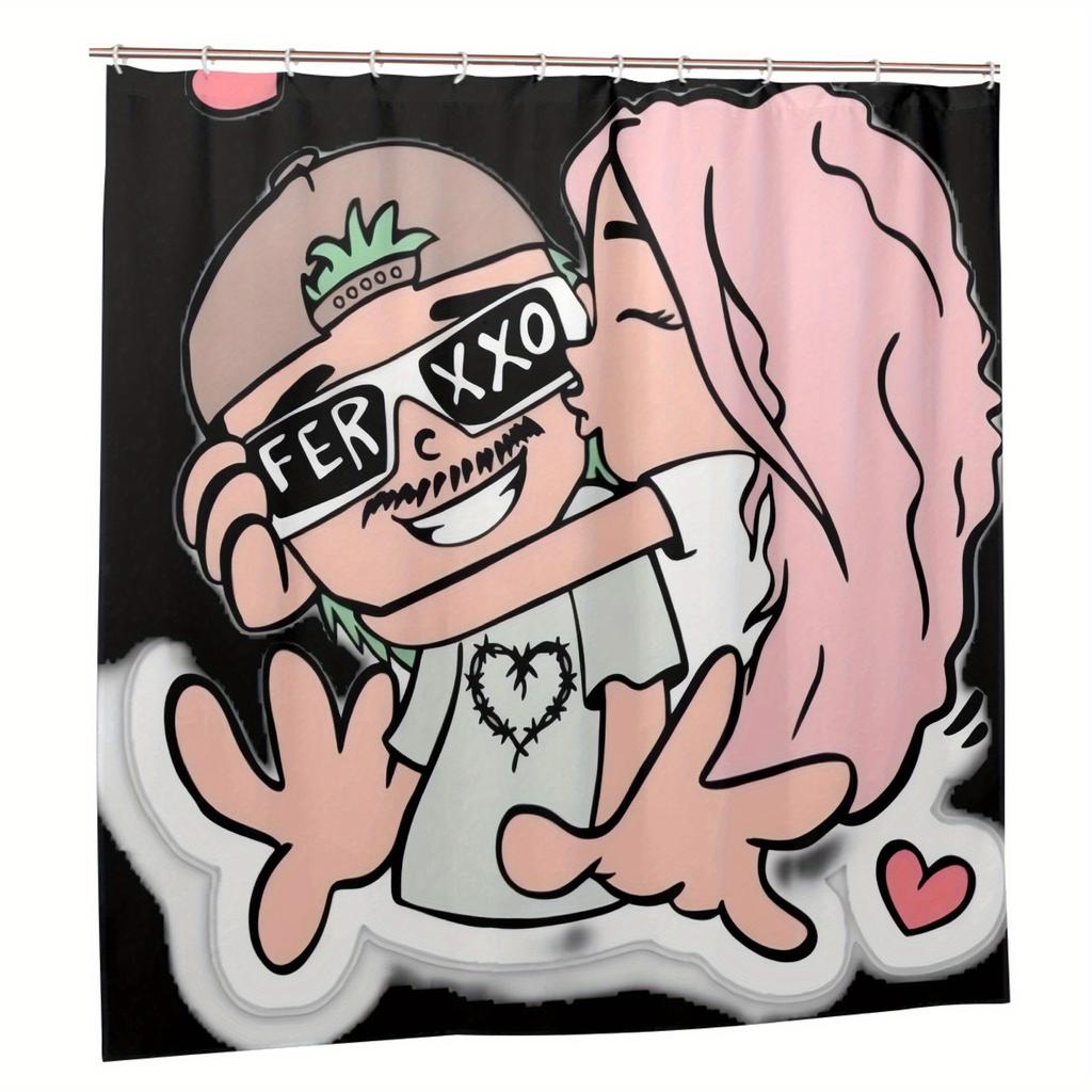 Feid & Karol G Shower Curtain - Inspirational Fashion Design with "FER XXO" & Heart Graphics, Durable Polyester, Machine Washabl