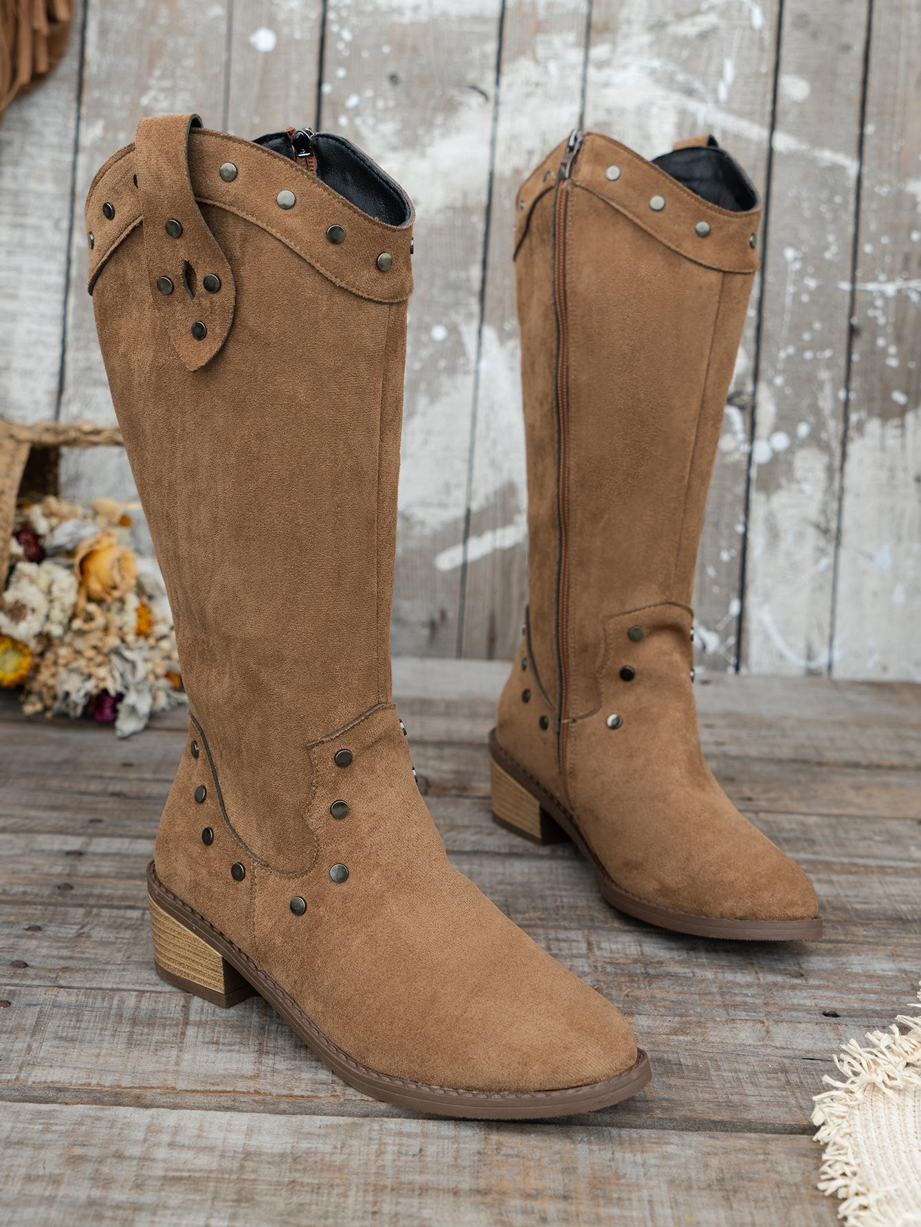 

Ретро-сапоги в стиле вестерн с заостренным толстым каблуком и заклепками, женские большие размеры, новые модели, но высокие женские сапоги до колена со средним каблуком 43 светло-коричневого