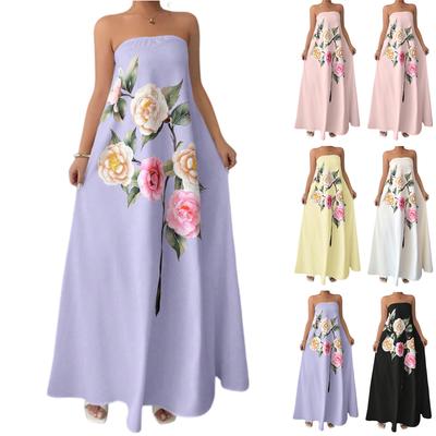 Strapless Floral Print Maxi Dress Women’s Sleeveless Long Dress Elegant Casual Loose Fit Summer Sundress for Ladies