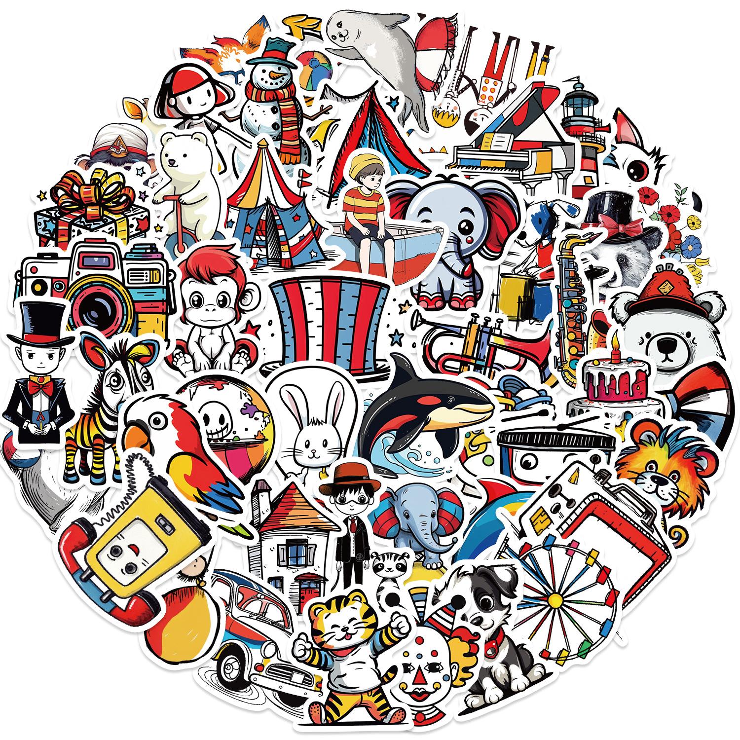 

50 Cartoon Circus Doodle Stickers Decorate Guitar Notebook Suitcase DIY Waterproof Stickers